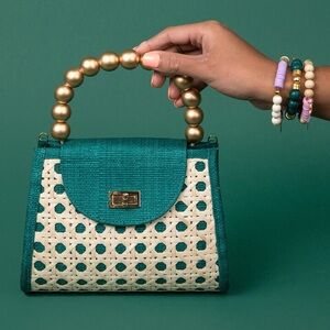 Soli & Sun The Sienna‎ Emerald Green and Gold Rattan Handbag w/ Crossbody Strap